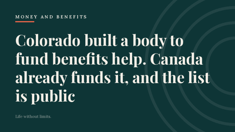 Dark teal Living Unlimited card reading: Colorado built a body to fund benefits help. Canada already funds it, and the list is public