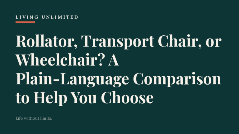 Rollator, Transport Chair, or Wheelchair? A Plain-Language Comparison to Help You Choose. Living Unlimited.
