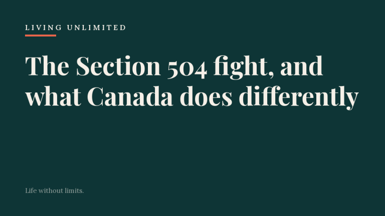 Living Unlimited card with the headline The Section 504 fight, and what Canada does differently on a dark teal background.