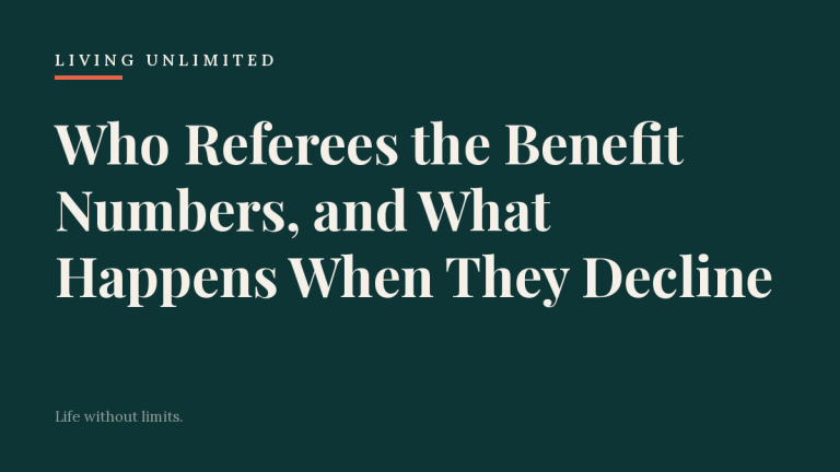 Living Unlimited article card on a dark teal background reading Who Referees the Benefit Numbers, and What Happens When They Decline.